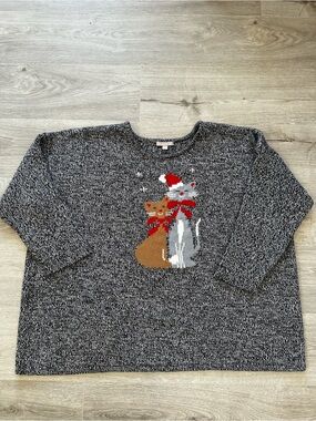 Woman Within Christmas Cats Holiday Sweater Plus Size 3X Black White Marled